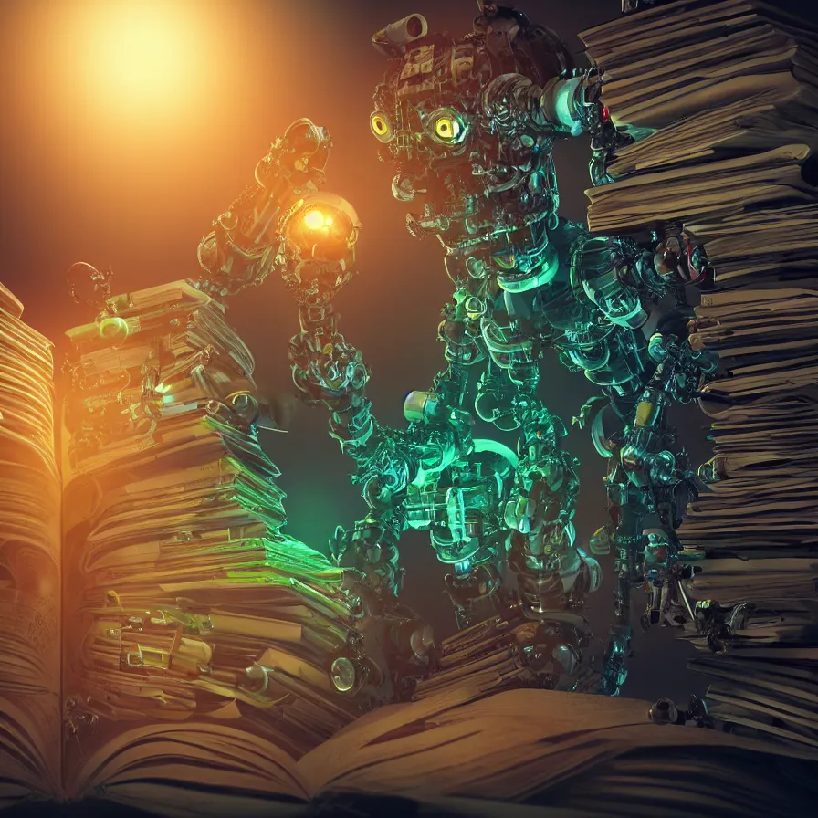 Image similar to A frightening multi armed evil robot devouring books with pipes and tubes and pages floating down, hyperealistic very colourful hdr cinematic lighting cgi render photorealistic cinematic octane render