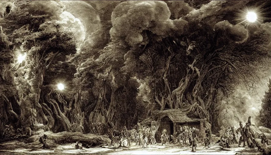 Prompt: house in the wood, around crowd of people with swords, lances and fireballs fighting against black cosmic werewolves jumping from portal from another universe, portal looks like a mirror in the sky full of stars, a lot of tears and fear of dying, please help me!, clouds of smoke, epic scene, endless war, inspire by ivan shishkin, william blake, andrei tarkovsky, artwork by jakub rozalski, analogue photo quality, blur, unfocus, 35mm, lomography, noise effect, cinematic, monochrome, high contrast, like in museum, details, classical painting and old school photo realism