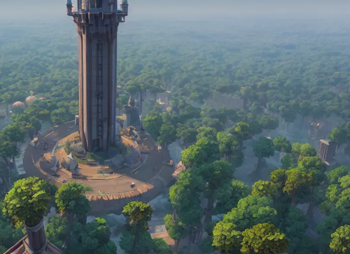 Image similar to overhead view of the great tower of the south, medium shot, studio ghibli, pixar and disney animation, sharp, rendered in unreal engine 5, anime key art by greg rutkowski, bloom, dramatic lighting