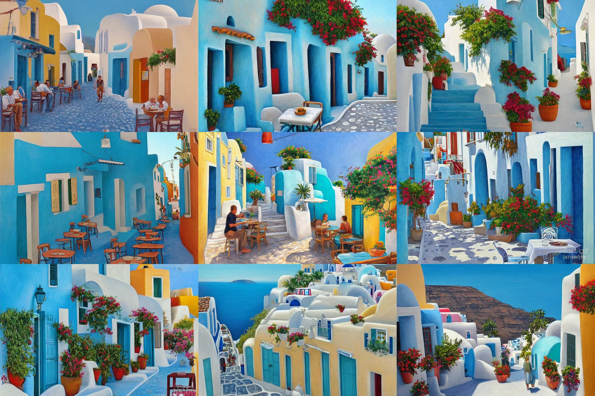 Prompt: street of teal stone, sunlight and whimsical houses, cafe tables, santorini, painting by james gurney