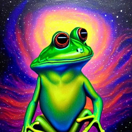 Prompt: the frog in the galactic nebular astral realm sacred journey in oil painting, trending on artstation, award winning, emotional, highly detailed surrealist art