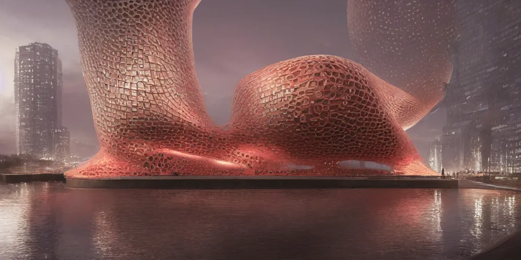 Image similar to An epic architectural rendering of a blob shaped trypophobia house with a mysterious red glow emitting from inside in a modern cityscape next to a river, by Zaha Hadid and Greg Rutkowski, tunning, gorgeous, golden ratio, photorealistic, featured on artstation, 4k resolution