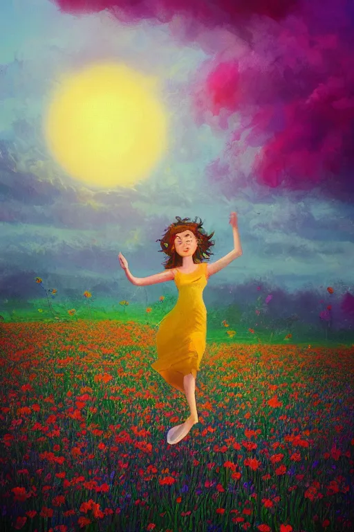 Image similar to closeup, giant flower head, girl in suit jumping in field of flowers, surreal photography, sunrise, blue sky, dramatic light, impressionist painting, digital painting, artstation, simon stalenhag