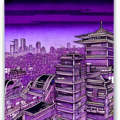 Image similar to purple cyberpunk city, by Hokusai