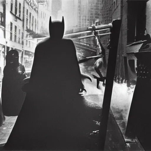 Prompt: old black and white photo, 1 9 2 5, depicting batman fighting a mafia boss in an ally of new york city, rule of thirds, historical record