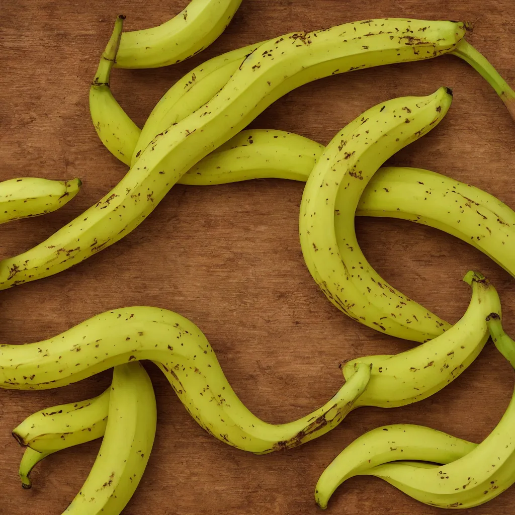 Image similar to very ripe looped bananas like a complex fractal, cracked, vegetable foliage, art nouveau fractal with petal shape, and stems, mesh roots, hyper real, food photography, high quality