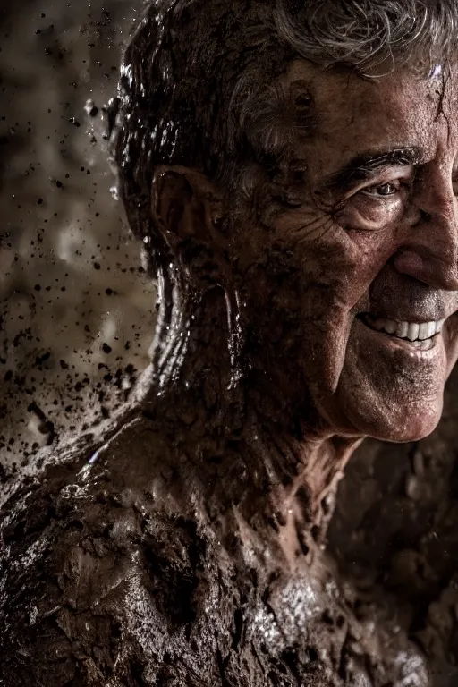 Prompt: cinematic still randy mantooth covered in mud emerging from inside a giant hole made of flesh, 4 k, dramatic lighting