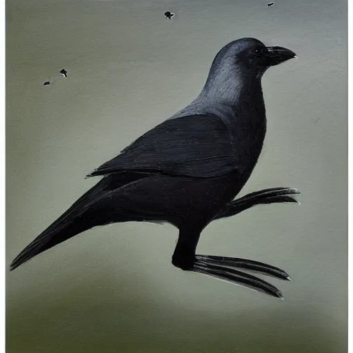 Image similar to a jackdaw with a hat jolts its neck as it takes flight in the night sky, a painting of nature in winter
