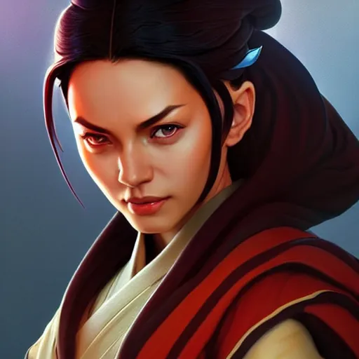 Prompt: Jedi Master Azula, intricate, super highly detailed, professional digital painting, artstation, smooth, sharp focus, no blur, no dof, extreme illustration, 128K, Unreal Engine 5, art by artgerm and greg rutkowski and alphonse mucha, perfect natural skin tones, facing the viewer