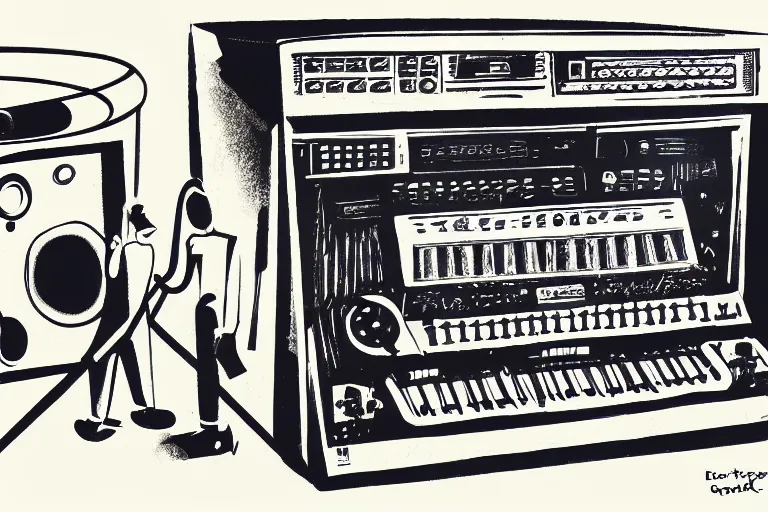 Prompt: a dark retro 1967 gouache illustration of a time traveling sound system