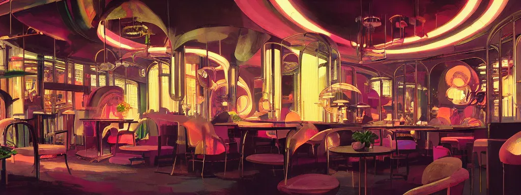 Image similar to concept art, crowded retro - futurist speakeasy, reflections, dark moody lighting, designer furniture, high ceiling, 6 0 s colour palette, beautiful plants, colourful flowers, syd mead, akihiko yoshida, cinematic