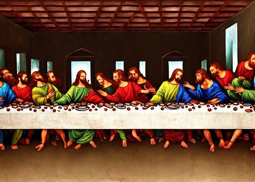 Image similar to the last supper painting half burned, half on fire