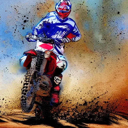 Image similar to dirt bike off - road motorcycle crash face ground dirt in water color painting style