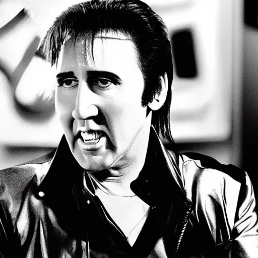 Image similar to nicolas cage as elvis presley playing the guitar over a poker table