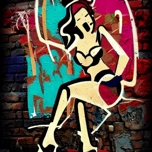 Prompt: abstract rough rugged graffiti art of a pinup girl