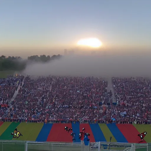 Image similar to clowns coming out of a small car in the middle of a soccer stadium while the game was happening, wide shot, phone quality, picture taken from the stadium bleachers, little fog, the soccer players are shocked