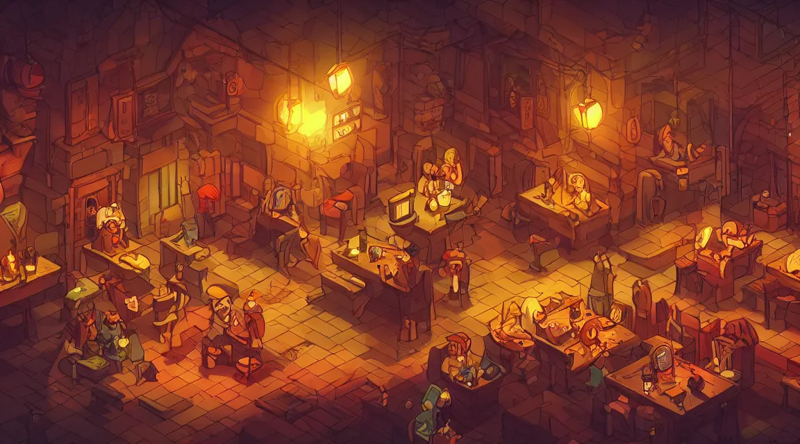 Image similar to A multidimensional cozy tavern, retro video game vibe, cinematic lighting, epic composition, cartoon, animation, background art, post processing, 8K resolution