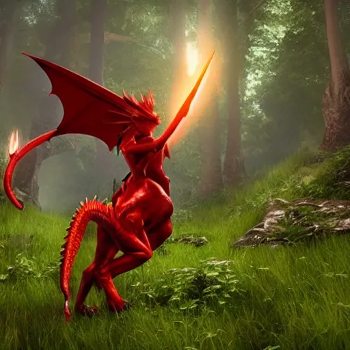 Prompt: princess knight girl fight a huge red dragon in the woods, cinematic lighting, highly detailed, unreal engine,