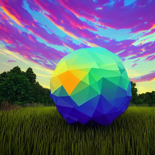 Prompt: ball of flaming rainbow in the middle of a low poly forest, eeve render, blender, bloom, sunset, clouds