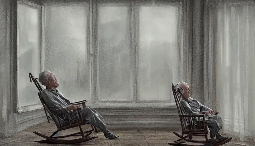 Image similar to Old man on his rocking chair looking the rain at the windows in his old wooden house, hyperdetailed, artstation, cgsociety, 8k