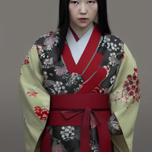 Image similar to Japanese Weyes Blood wearing kimono, realistic, photo studio, HDR, 8k, trending on artstation