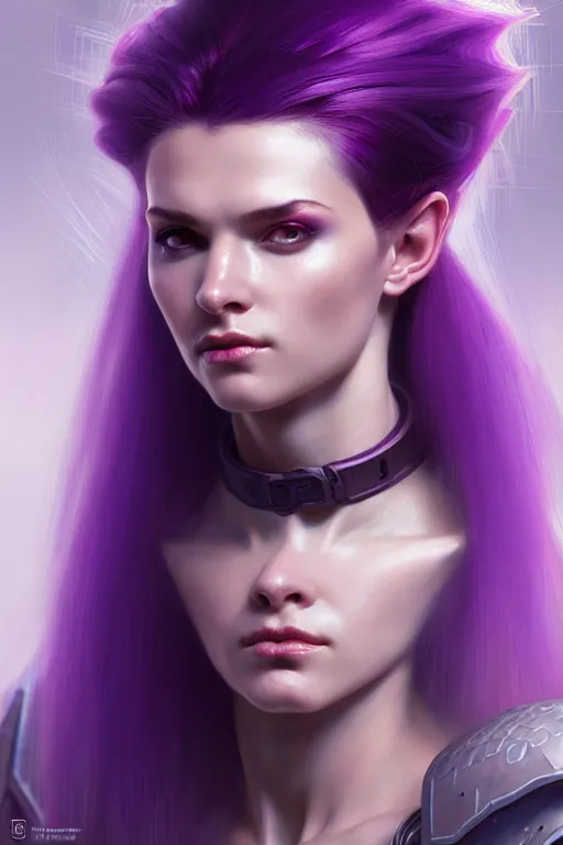 Image similar to alexey gurylev, close up portrait, pale woman in sci - fi armor with purple ponytail hair, mysterious, deep focus, d & d, complex, elegant, highly detailed, digital painting, artstation, concept art, matte, clear focus, illustration, hearthstone, artgerm art, greg rutkovsky and alphonse mucha
