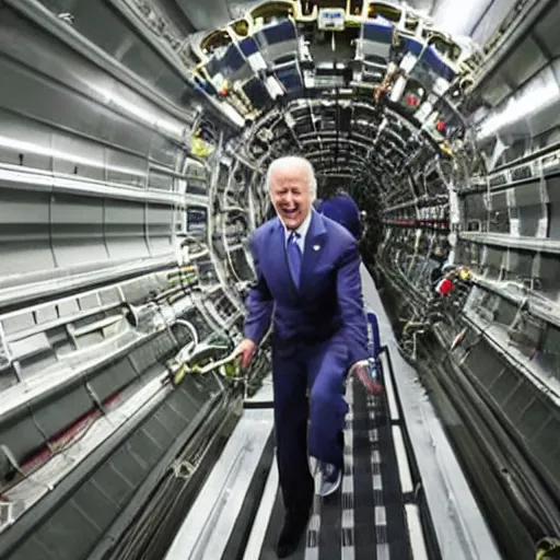 Image similar to Joe BIDEN crawling out of The Large Hadron Collider at cern with a bunch of demons behind him