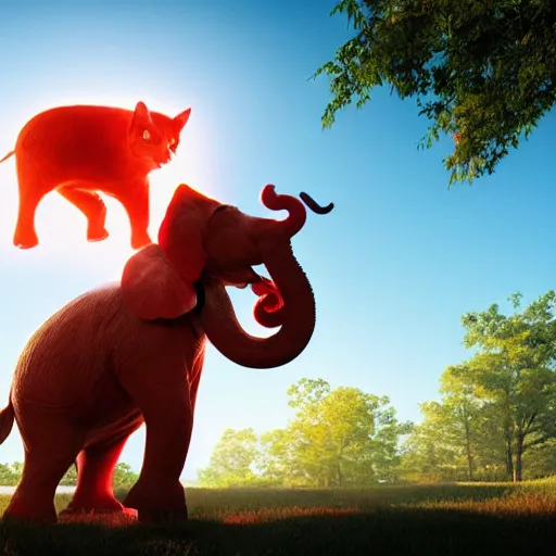 Image similar to a hyperrealistic photograph 3D octane render of a small red cat riding on a huge elephant in the park on a sunny day, trending on artstation, 4K, dramatic lighting, glowing, volumetric lighting, ray tracing, unreal engine