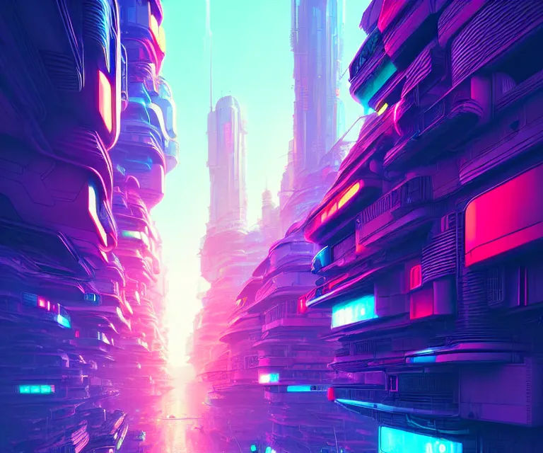 Image similar to a colorful fututistic city, sci - fi by yoshitaka amano and alena aenami, trending on artstation, 8 k, high resolution, insanely detailed and intricate, beautiful, matte painting, unreal engine