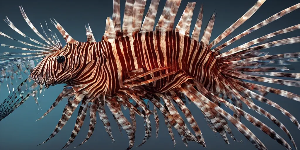 Image similar to lionfish, stylized layered textures, long flowing fins, bioluminescent orbs, 3 d render, substance painter, glowing eye, smooth, sharp focus, art by h r giger