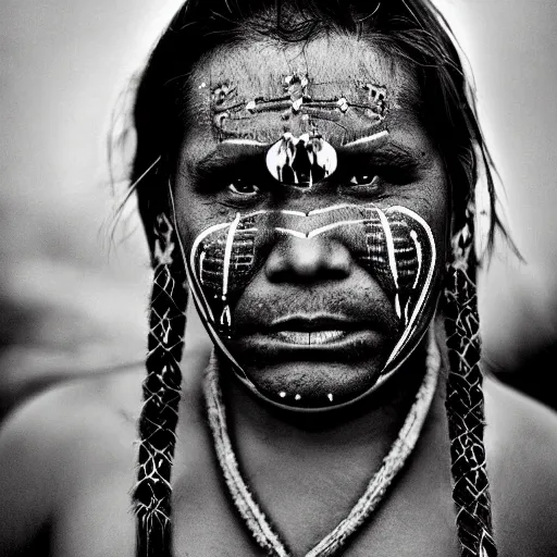 Prompt: photo portrait of an indigenous warrior called Hawkeye whose eyes are that of a hawk