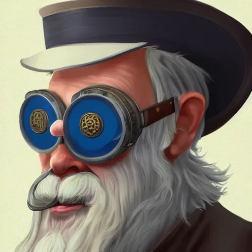 Image similar to a front-facing portrait of an old man with a grey beard and blue hair wearing steampunk goggles, dungeons and dragons character art, highly-detailed illustration, Artstation