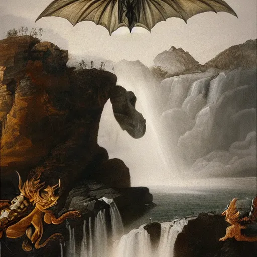 Image similar to oil painting of a dragon flying in the air near a cave with a waterfall in the center, light emanating from the waterfall leading to a big pool of water, dragon has black and white stripes, elegant, sharp focus, wide shot, clear, detailed, early renaissance