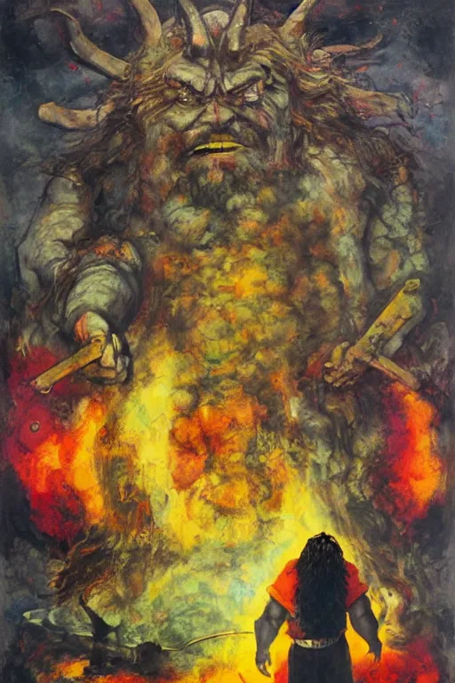 Image similar to surreal a hulking herculean hagrid in a post apocalyptic hellscape, esoteric symbolism, intense emotional power, red yellow black, palette knife oil painting by peter booth and william blake