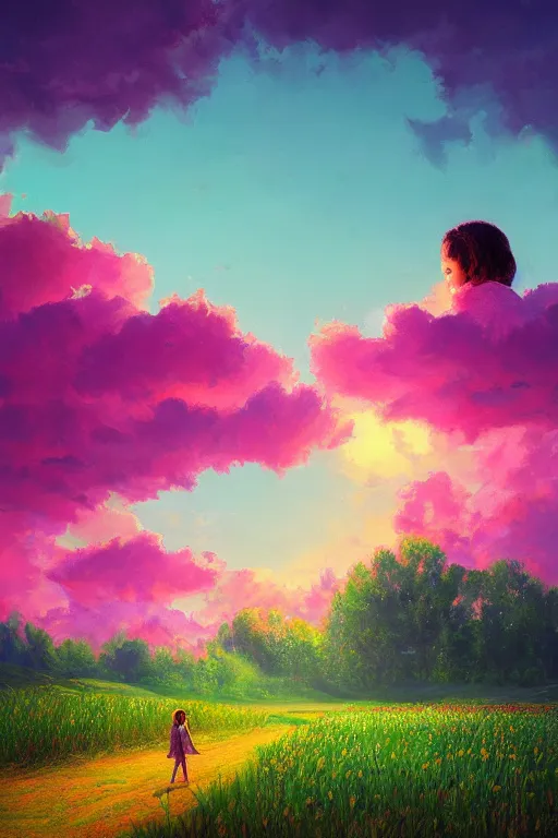 Image similar to giant corn flower head, girl walking in a green valley, surreal photography, sunrise, dramatic light, impressionist painting, colorful clouds, digital painting, artstation, simon stalenhag