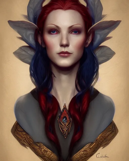 Prompt: A detailed matte oil on canvas head on symmetrical portrait of a distinguished elven woman with red blue hair on an empty background , by Charlie bowater and lise deharme wlop, trending on artstationhd, dungeons and dragons art, critical role