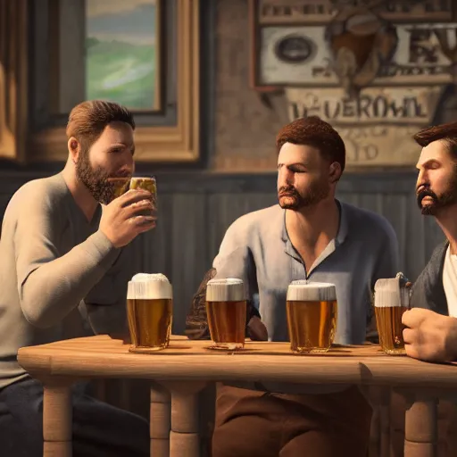 Prompt: five men drinking beer and talking intelligently in pub, caravaggio, detailed photograph, josh kirby, 4k, unreal engine