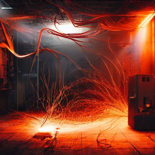 Image similar to overcharging blender, tangles of metallic cables, dark messy smoke - filled cluttered workshop, dark, dramatic lighting, orange tint, sparks, plasma charges, cinematic, highly detailed, sci - fi, futuristic, movie still