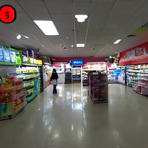 Prompt: security camera footage of bedsheet ghosts haunting a convenient store