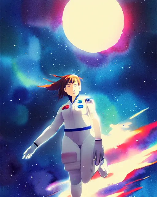 Prompt: oriental water color of a thicc female astronaut, floating through space, backlit, by makoto shinkai