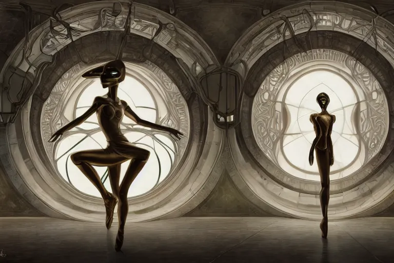 Prompt: luminescent alien being ballerina inside interior futuristic art gallery wide angle highly detailed by ricardo boffil and saturno butto and olafur eliasson, ( ( artgerm alphonse mucha ) ) captivating 8 k hdr, octane render godrays