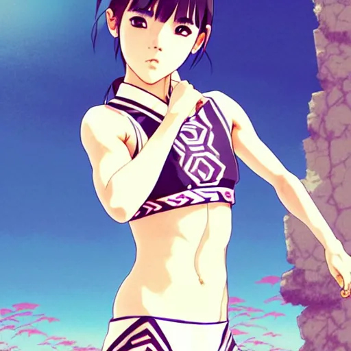 Image similar to a beautiful boyish japanese emma watson alluring instagram model, wearing elegant japanese hiphop leotard outfit with subtle mayan patterns and native fashion, aztec street fashion bathing suit, jrpg fashion, gapmoe yandere grimdark, trending on pixiv fanbox, painted by greg rutkowski makoto shinkai takashi takeuchi studio ghibli, akihiko yoshida