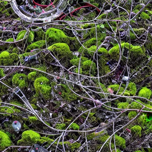 Image similar to moss and lichen dotted biomechanical trees growing on junkyard heaps of electronics and automobile scrapyards amongst puddles of glistening oil