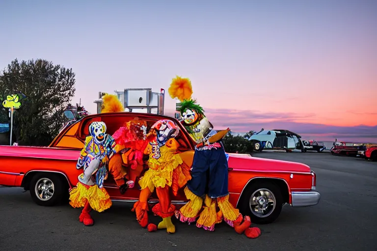 Prompt: 2 0 clowns leaving a clowncar at a california drive in, in 2 0 1 2, cutecore clowncore, bathed in the the glow of the sunset, low - light photograph, in style of henry selik