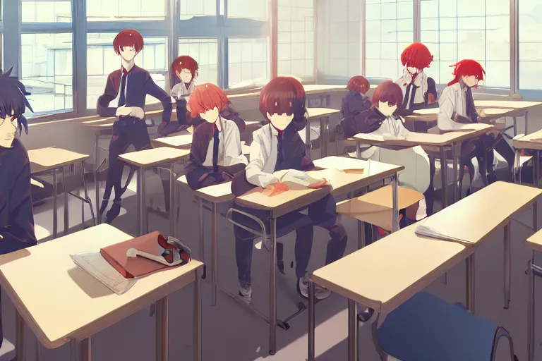 prompthunt: boy's love anime modern high school classroom in winter clear  day, expert high detail concept art cinematic, perfect proportions defined  face, vivid colors, pixar undertones, photorealistic shaded lighting  wallpaper ilya kuvshinov