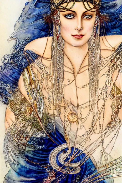 Image similar to detailed portrait of mata hari closeup face surrounded by swirling sari fabric frame, art by luis royo and walter crane and kay nielsen, watercolor illustration, sharp focus