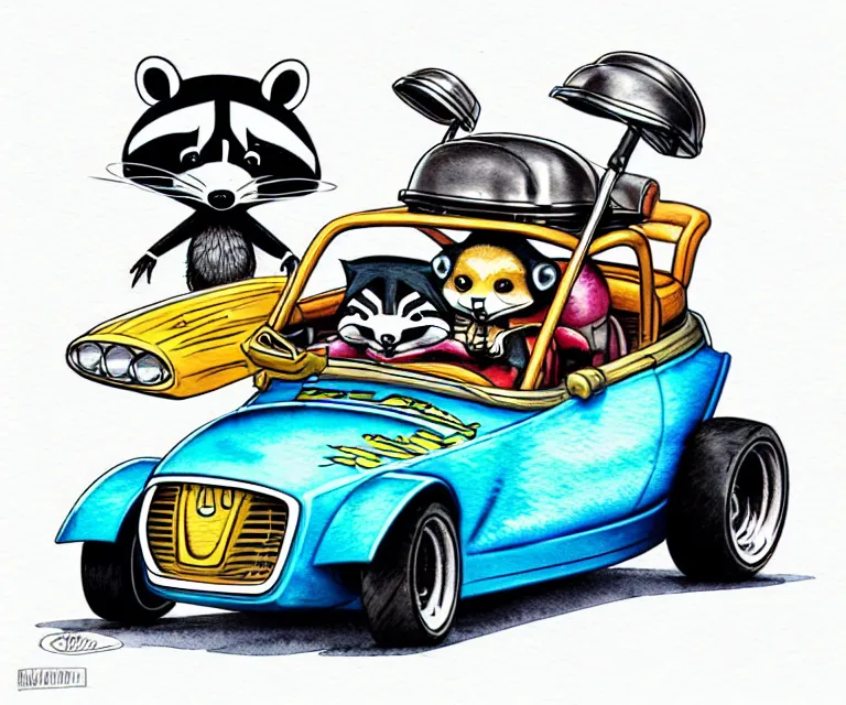 Image similar to cute and funny, racoon wearing a helmet riding in a tiny hot rod 2 0 0 2 plymouth prowler with oversized engine, ratfink style by ed roth, centered award winning watercolor pen illustration, isometric illustration by chihiro iwasaki, edited by range murata, details by artgerm