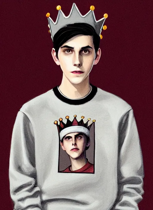 Image similar to portrait of teenage jughead jones wearing a light grey crown, photorealistic, crown, eyes closed, crown, black hair, sweater with letter s on it, letter s, intricate, elegant, glowing lights, highly detailed, digital painting, artstation, concept art, smooth, sharp focus, illustration, art by wlop, mars ravelo and greg rutkowski