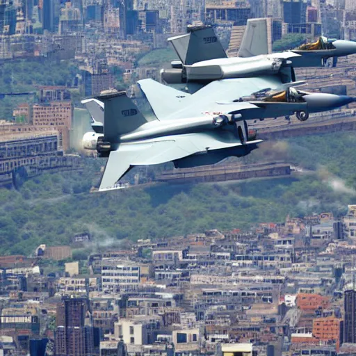 Prompt: fighter jets flying through a city