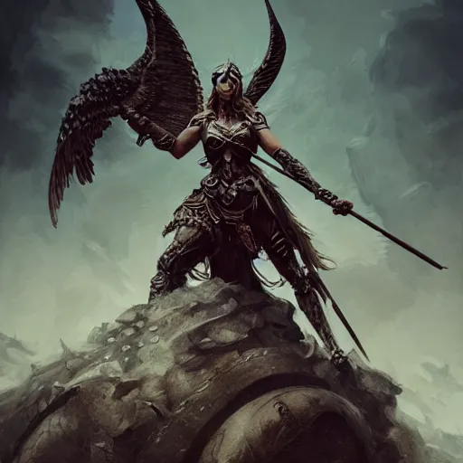 Image similar to valkyrie standing triumphantly atop a pile of bones, epic fantasy, insane details, illustration, artstation, intricate, sharp focus, elegant, concept art